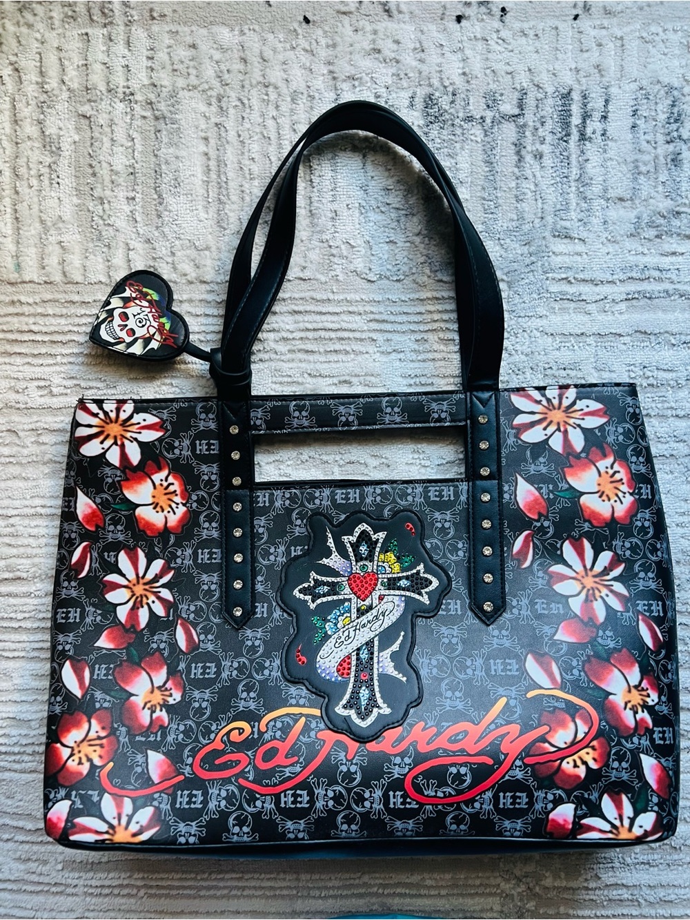 Ed Hardy Black Tote with Red & Orange Floral Accents